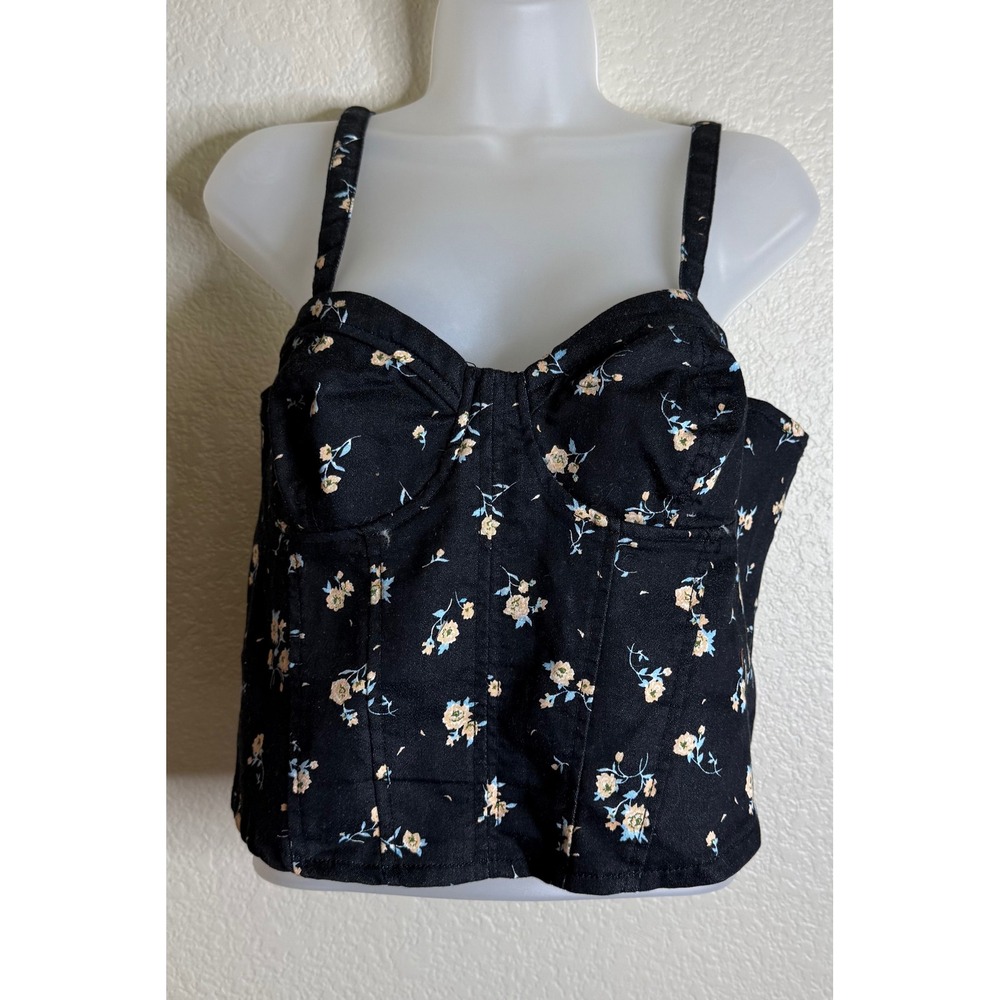 No Boundaries XL 15-17 Cami Corset Top Black Floral Smocked Sweetheart Cropped